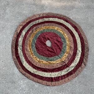 Christmas Tree Skirt Made in India Dark Red Green Gold Beads and Embroidery